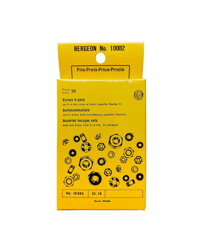 BERGEON 10082-50 – Écrous 6 pans Ø 2 à 4 mm en acier et laiton assortis (norme SI)