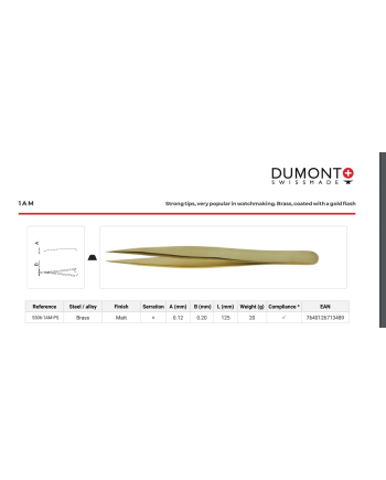 DUMONT 5306-1AM-PS – Brucelles d'horloger Forme 1AM en laiton avec finition mate – Haute précision
