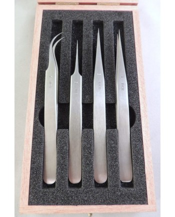 HOROTEC 12.381 - Coffret bois 4 brucelles inox
