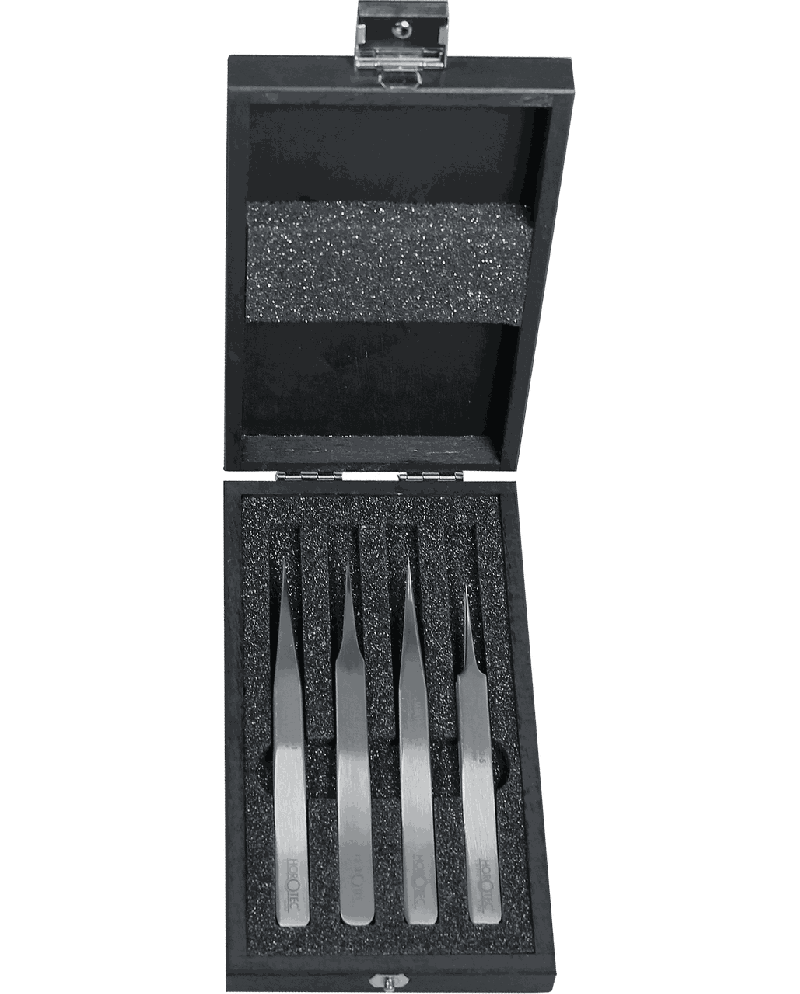 HOROTEC 12.388 - Coffret bois 4 brucelles 904L