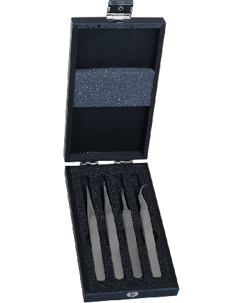HOROTEC 12.382 - Coffret bois 4 brucelles inox