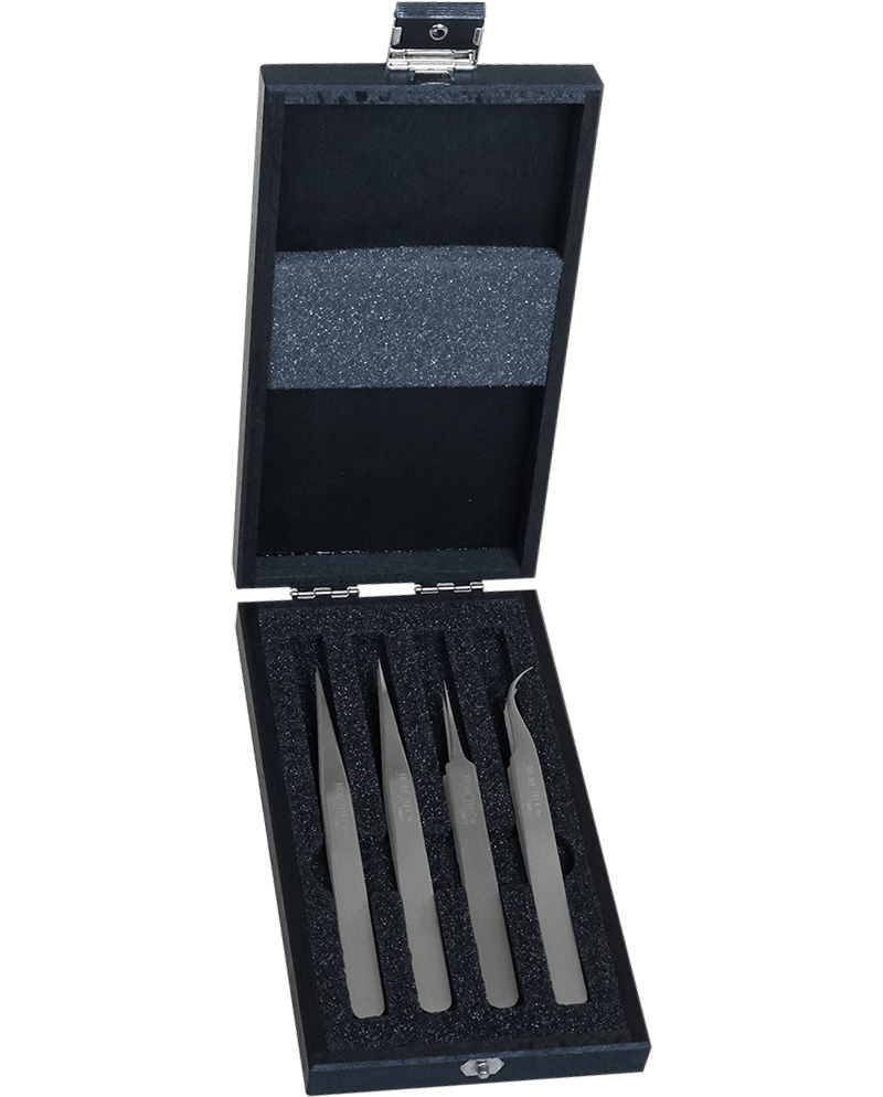 HOROTEC 12.382 - Coffret bois 4 brucelles inox