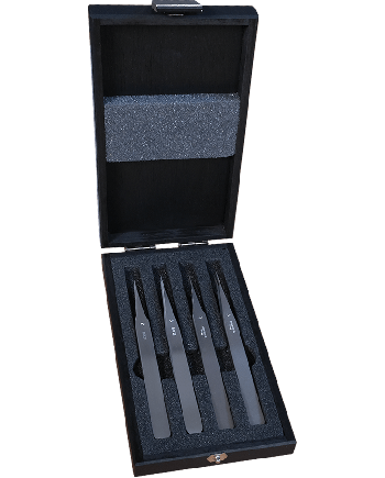 HOROTEC 12.385 - Coffret bois 4 brucelles inox