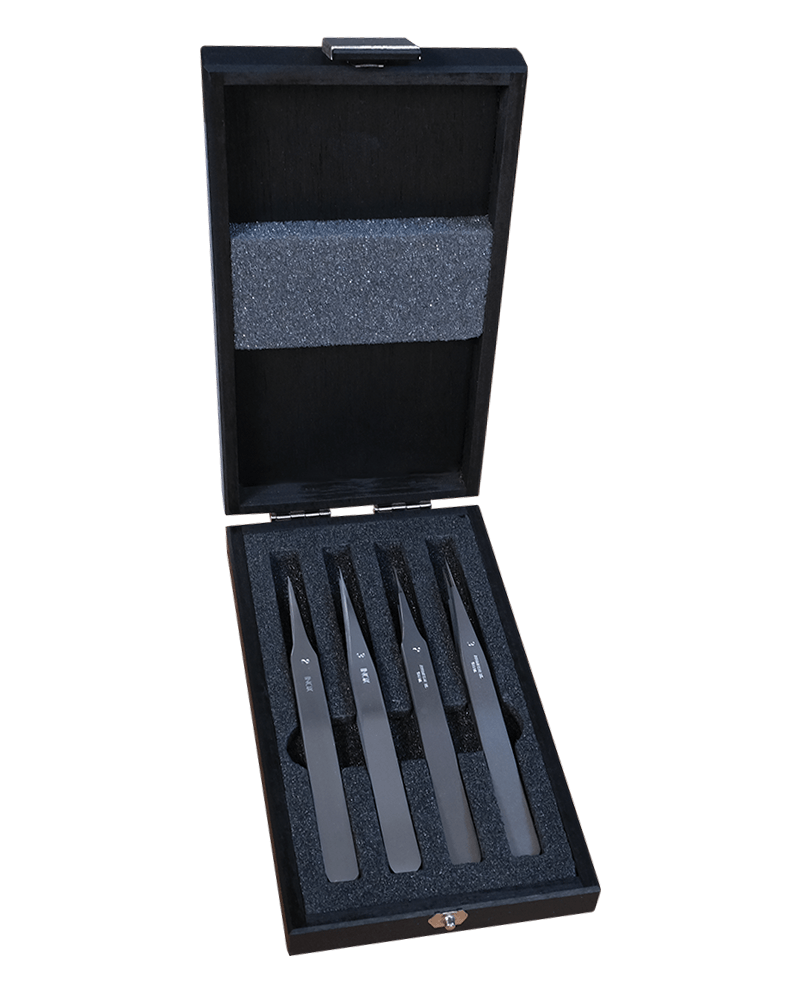 HOROTEC 12.385 - Coffret bois 4 brucelles inox