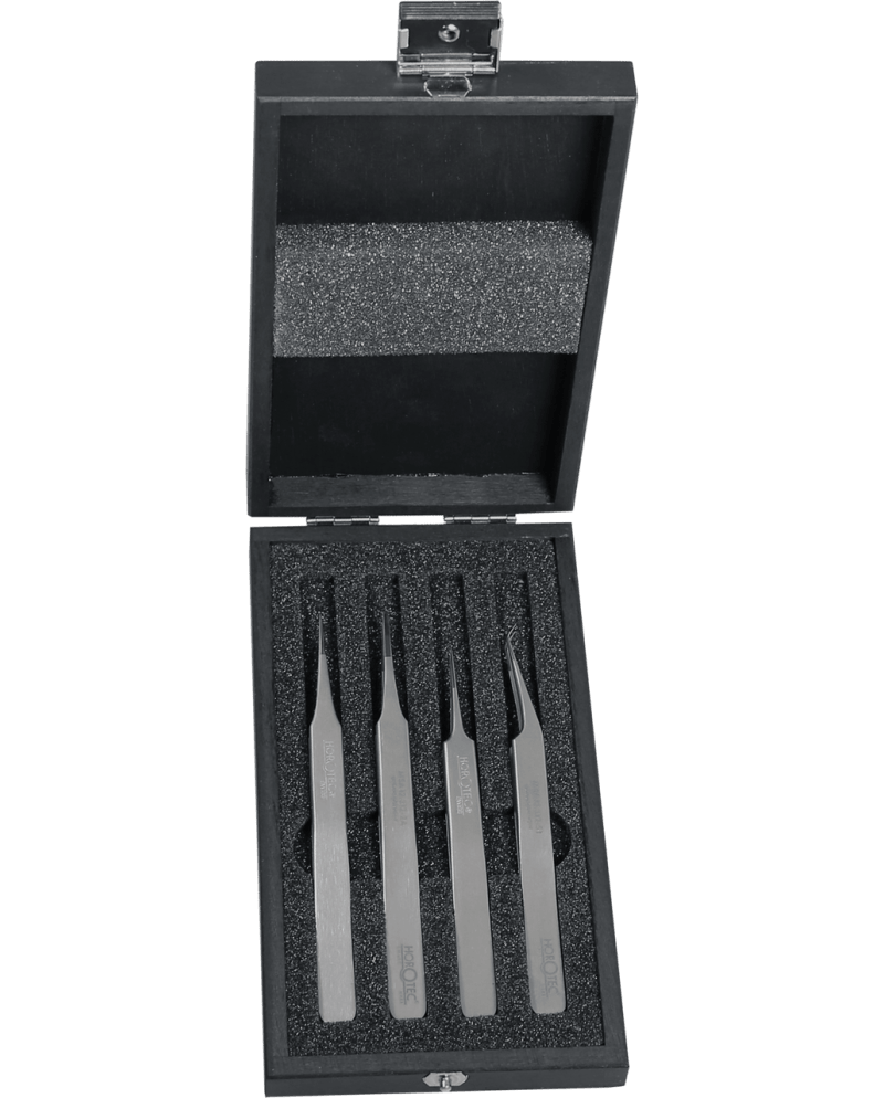 HOROTEC 12.383 - Coffret bois 4 brucelles acier 100